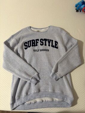 Surf Style Light Blue Crewneck Sweatshirt with Navy Lettering